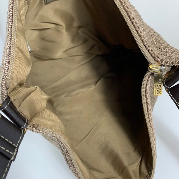 Beautiful The SAK Brown Nylon Crochet Slouchy Shoulder Bag Leather Strap/Trim - Picture 10 of 16